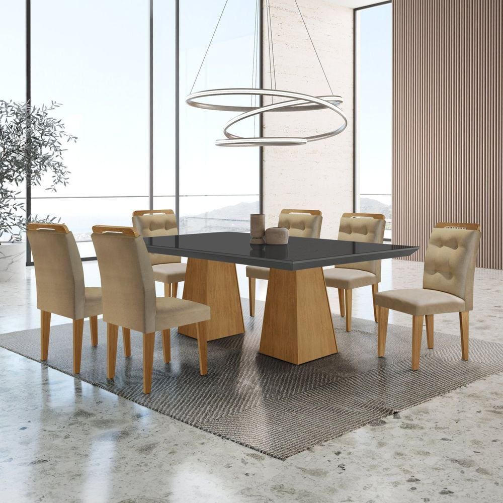 Mesa Inovare 180 Tp Mdf Vidro/canto Reto com 6 Cadeiras Valentina Turim/Grafte/Imbuia Ripado