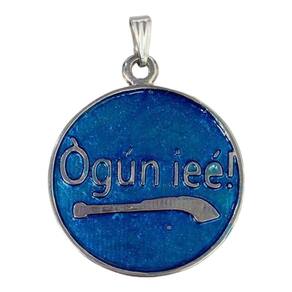 Pingente Ogum Azul e Vermelho Espadas 3,5 Cm Metal Niquelado