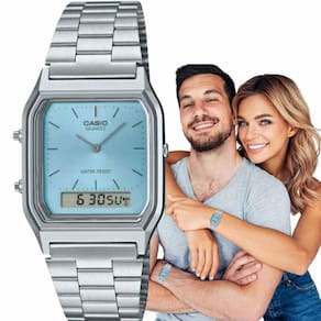 Relógio de Pulso Masculino Feminino Casio Vintage Unissex Anadigi Analógico Digital Quadrado Resistente Água Casual Prata AQ-230A-2A1MQYD
