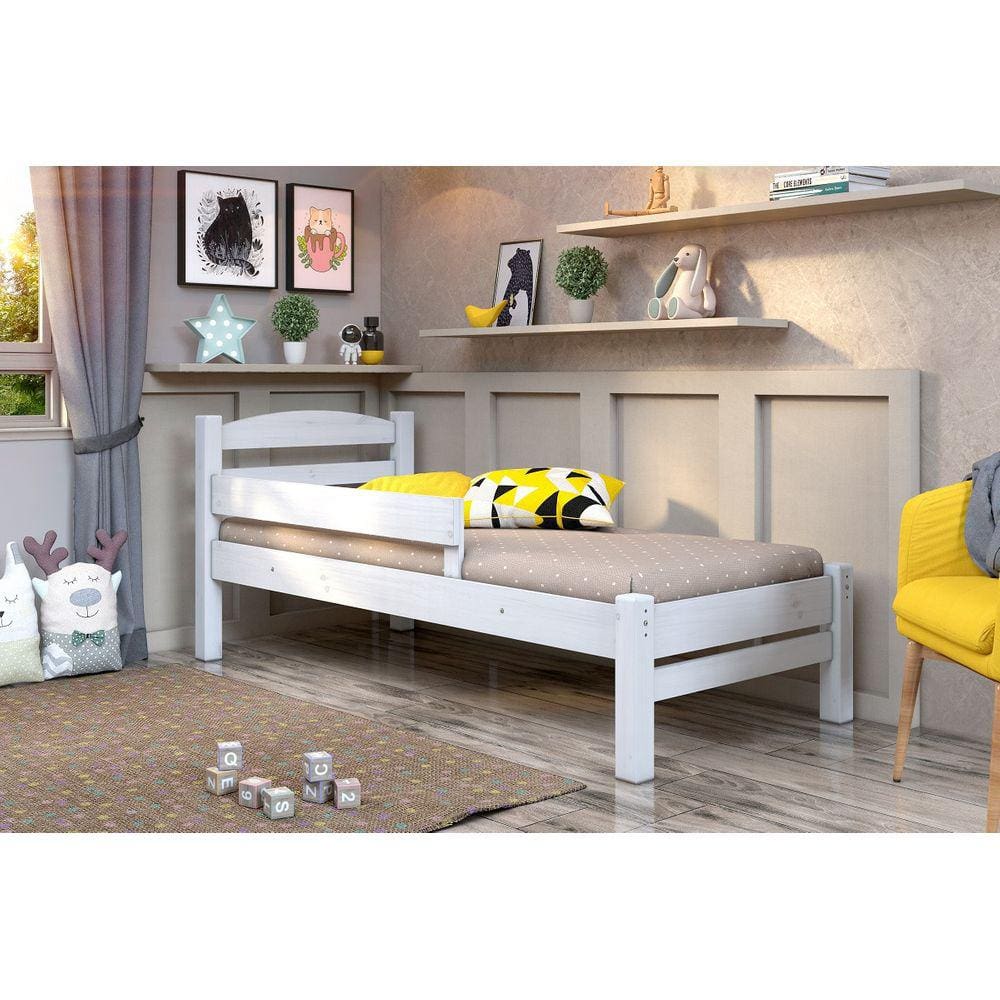 Cama Solteiro c/ Grade de Proteção Madeira Maciça Cor Branca
