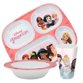 Kit Refeição Infantil Princesas Disney 3 Peças Prato Divisória, Tigela e Copo Melamina - Tuut