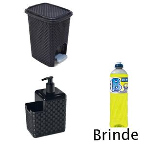 Kit Lixeira 7 Litros Rattan E Dispenser + Detergente