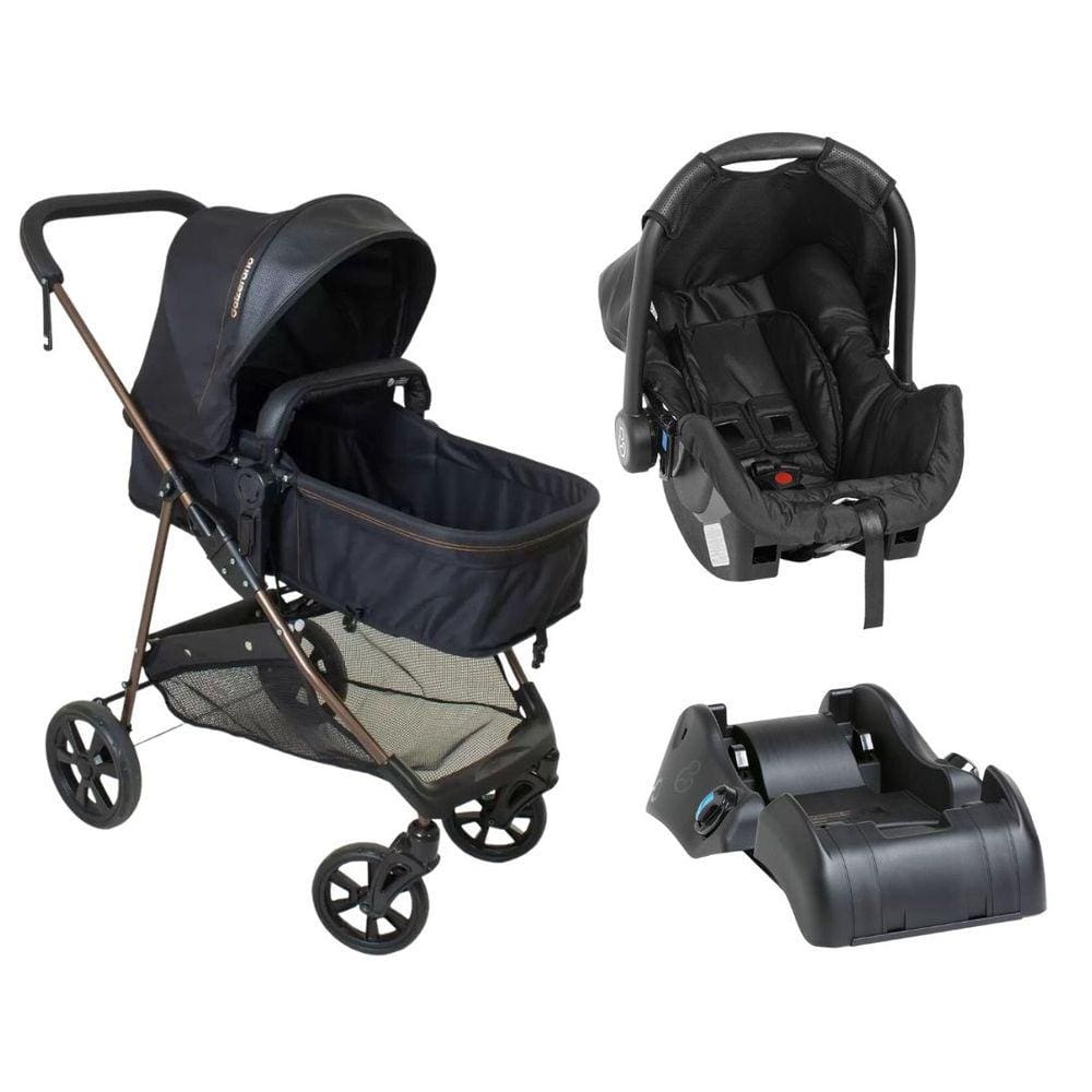 Carrinho De Bebe Moises Napoli Preto Dourado + Bebe Conforto Grid + Base - Galzerano