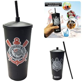 Kit 2Un Copo Plástico Preto Tampa + Canudo 500Ml Time