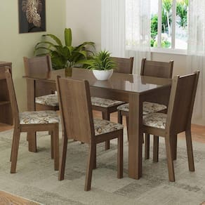 Conjunto Sala de Jantar Mesa Tampo de Vidro 6 Cadeiras Rustic/Lírio Bege Isla Madesa