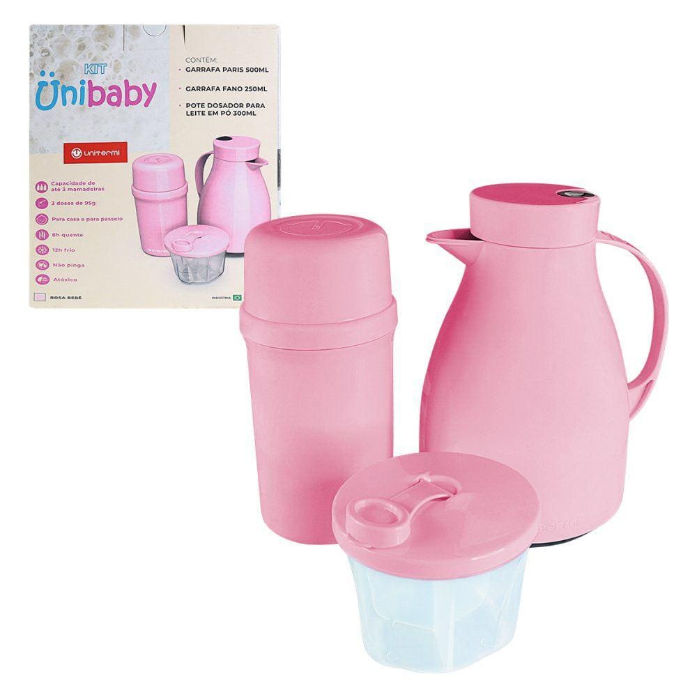 Kit Bebê com Garrafa 500ml e 250ml e Pote Dosador 300ml Rosa