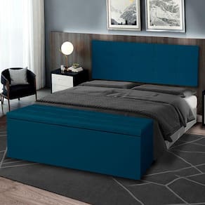 Kit Painel e Calçadeira Baú Roma Casal Queen 160cm Suede Azul - Montanaris Decor