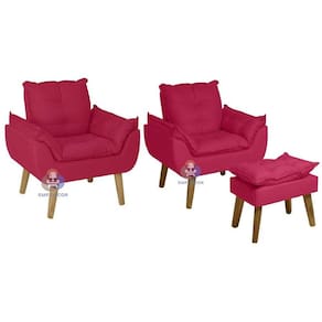 Kit 02 Poltrona/Cadeira Decorativa E Puff Glamour Vermelho Com Pés Quadrado