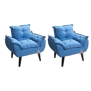 Kit 02 Poltrona/Cadeira Decorativa Glamour Azul Linho Com Pés Quadrado