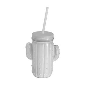 Copo De Vidro com Tampa e Canudo Cactos White 400 ml Pj17124W