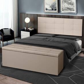 Kit Painel e Calçadeira Baú Roma Casal King 195cm Bege - Montanaris Decor