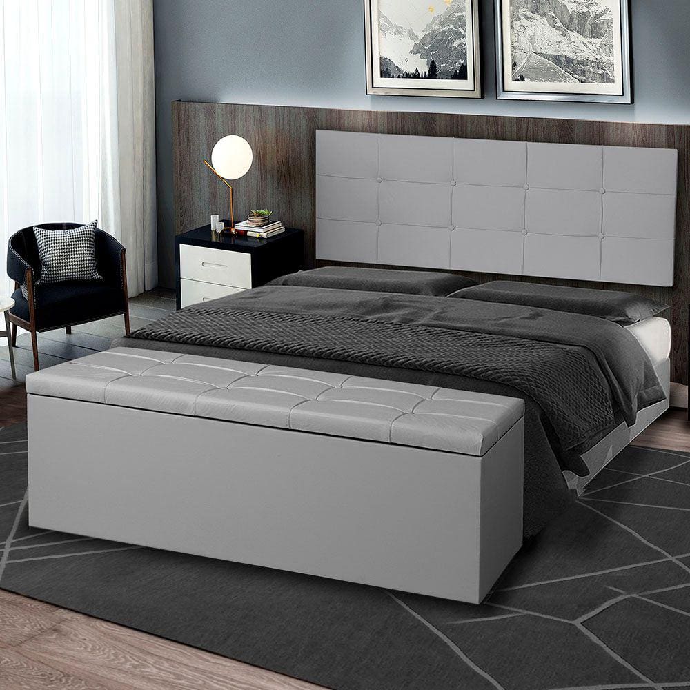 Kit Painel e Calçadeira Baú Roma Casal 140cm Suede Cinza - Montanaris Decor