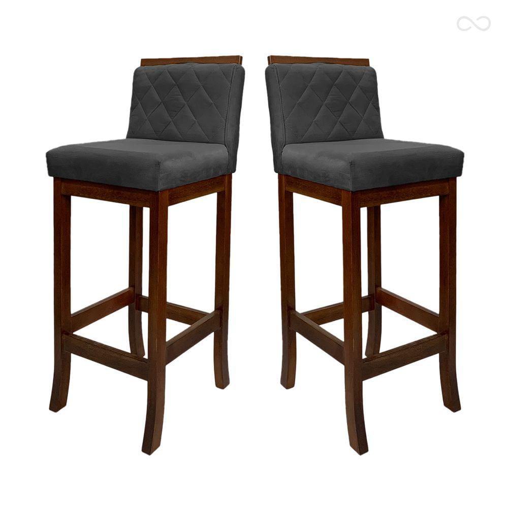 Kit 2 Banquetas Alta com Encosto Matelassê Nice Madeira Maciça Suede Cinza CCS
