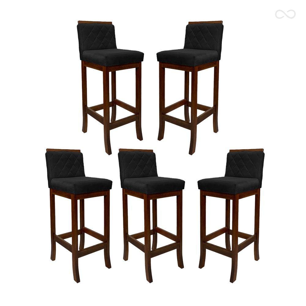 Kit 5 Banquetas Média para Bancada Nice Madeira Castanho Matelassê Suede Preto CCS