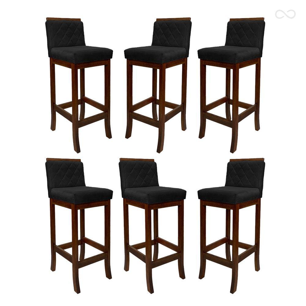 Kit 6 Banquetas Média em Madeira Castanho Nice Matelassê Suede Preto CCS