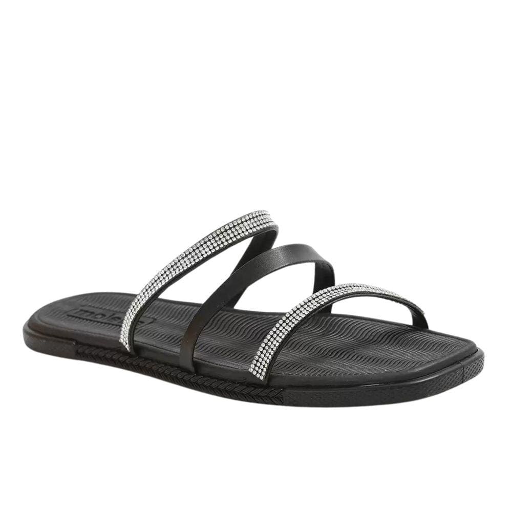 Chinelo Moleca Rasteiro Três Tiras Feminino Preto Strass