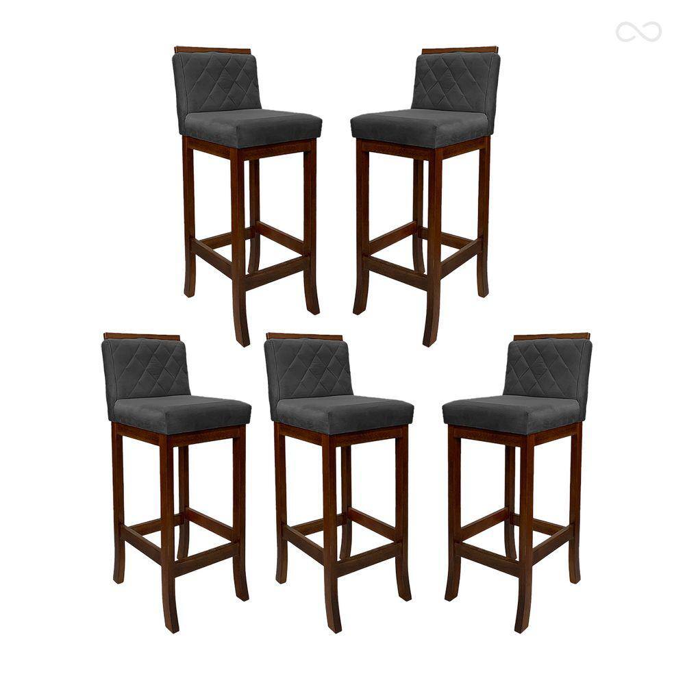 Kit 5 Banquetas Alta para Bancada de Cozinha Nice Madeira Castanho Matelassê Suede Cinza CCS