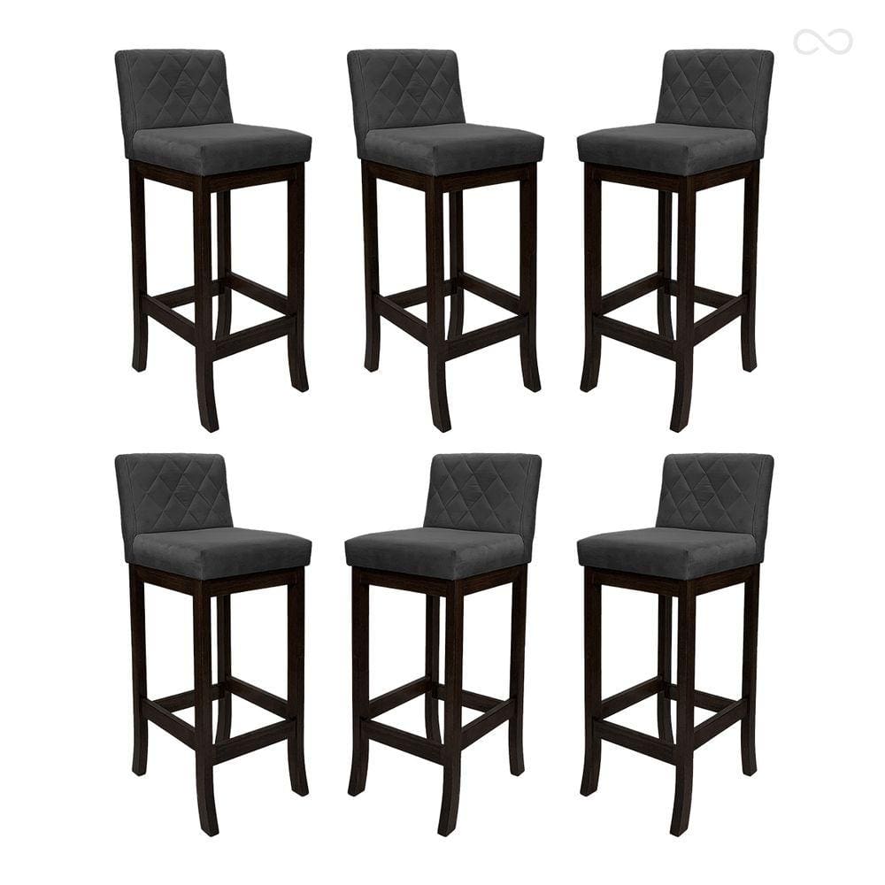 Kit 6 Banquetas Alta com Encosto Matelassê Tóquio Madeira Maciça Maciça Suede Cinza CCS