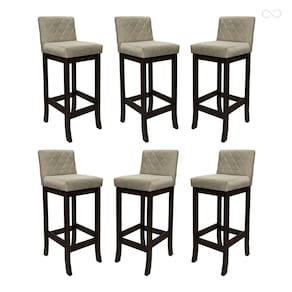 Kit 6 Banquetas Alta com Encosto Matelassê Tóquio Madeira Maciça Suede Bege CCS