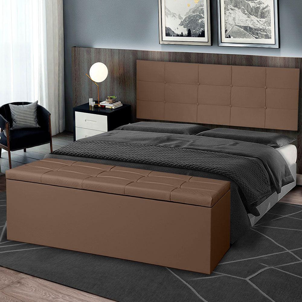 Kit Painel e Calçadeira Baú Roma Casal 140cm Suede Marrom - Montanaris Decor