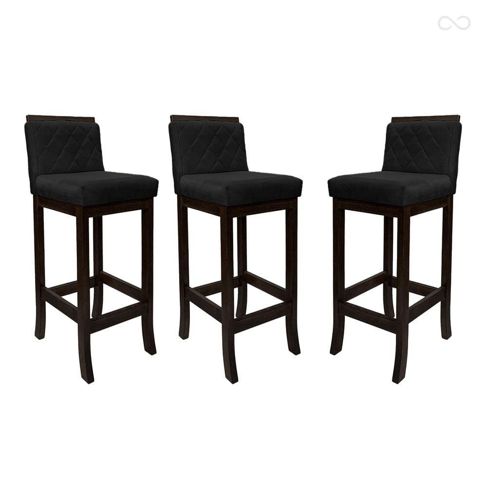 Kit 3 Banquetas Alta com Encosto Matelassê Nice Madeira Maciça Suede Preto CCS