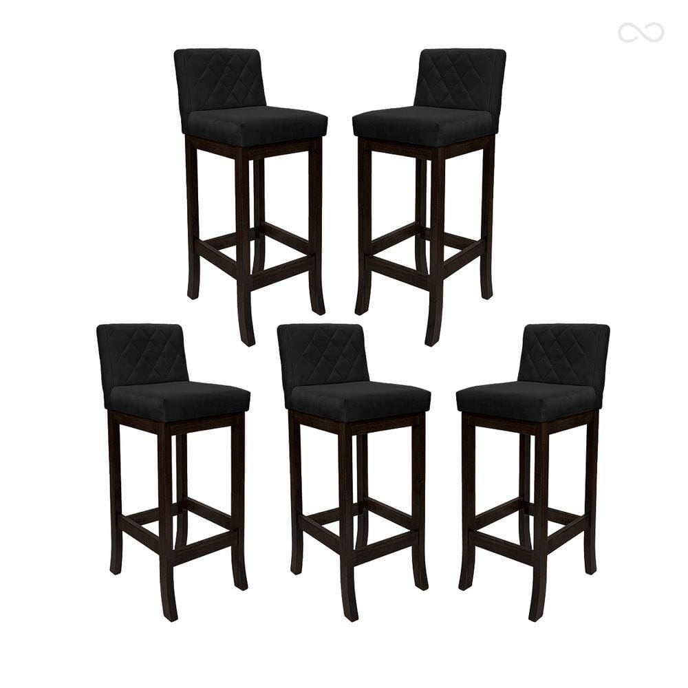Kit 5 Banquetas Alta com Encosto Matelassê Tóquio Madeira Maciça Maciça Suede Preto CCS