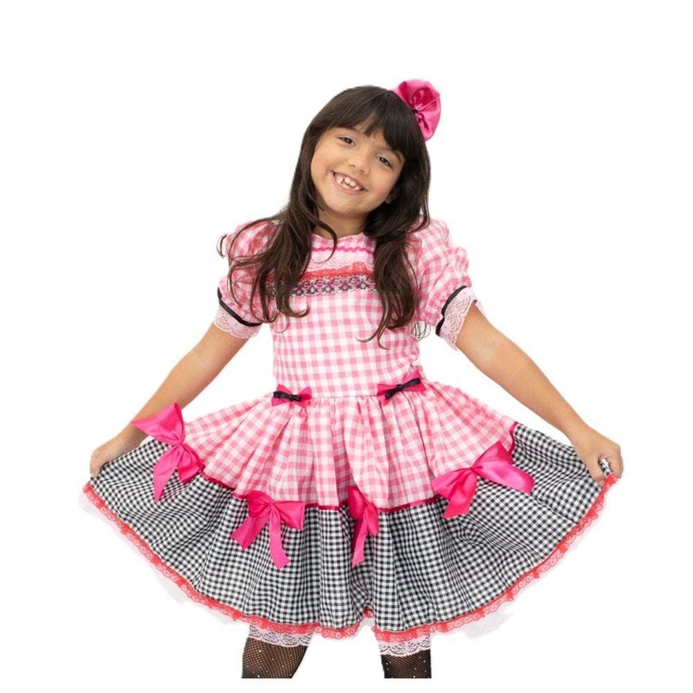 Vestido Infantil São João Rosa Pink Festa Junina com Tiara