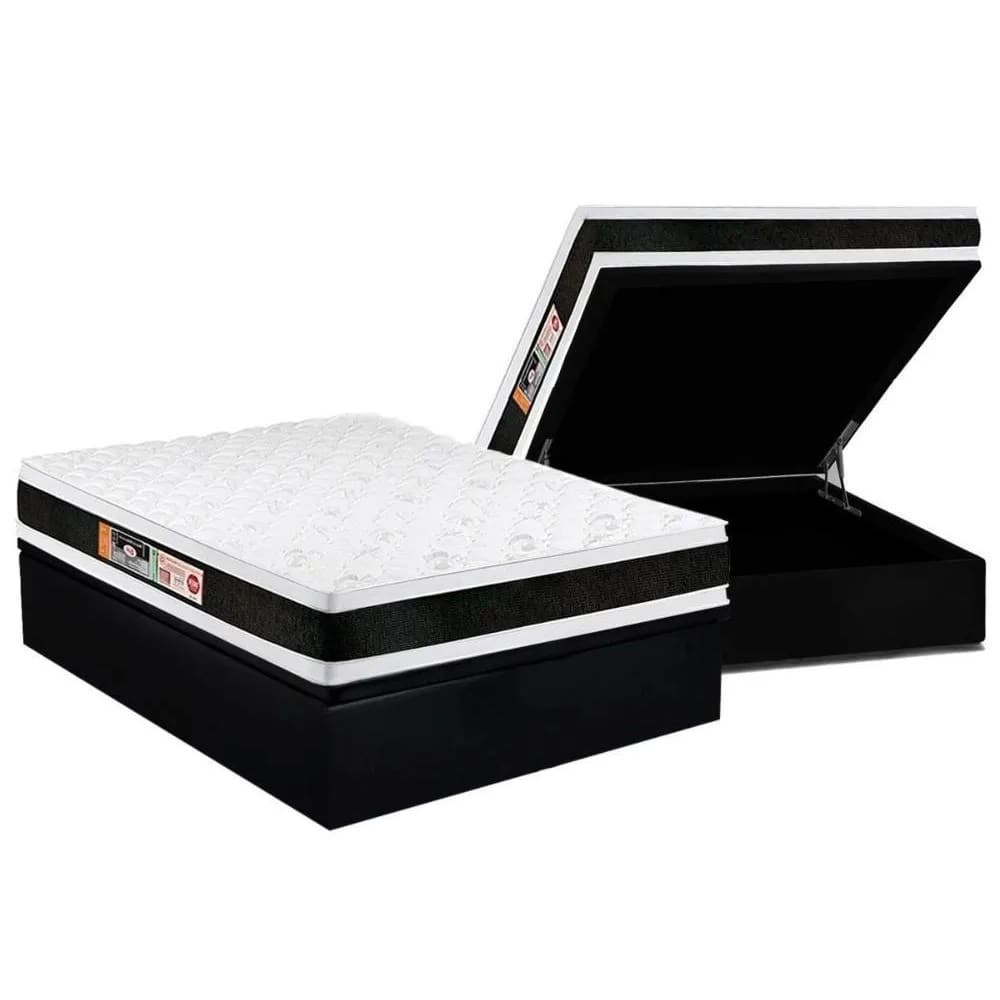 Cama Baú Casal Blindada + Colchão de Espuma Dupla Face Castor D45 Black e White - 138x188x69cm