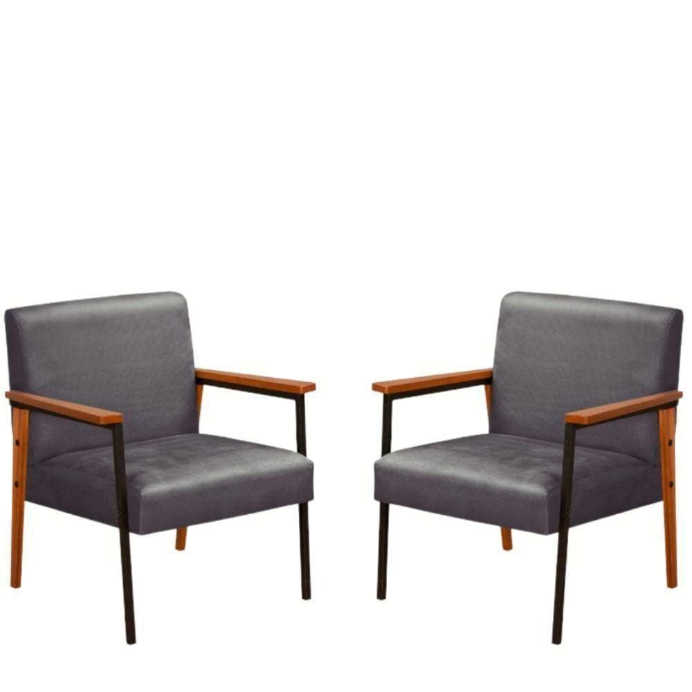Kit 2 Poltrona Fontana Veludo Cinza Base Em Metal Preto E Madeira