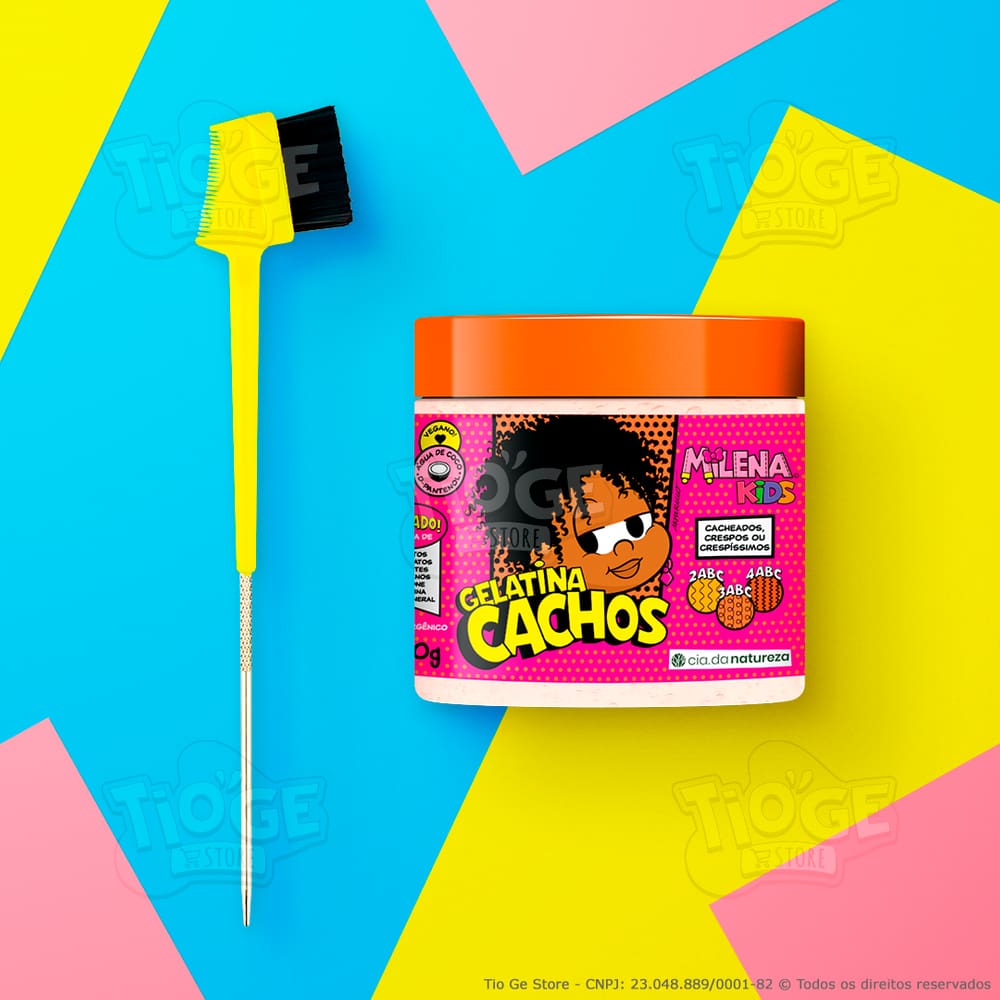 Kit Penteado Baby Hair 1 Pente Escova Baby Hair 3 em 1 Amarelo + 1 Gelatina Incolor Infantil Milena 500g