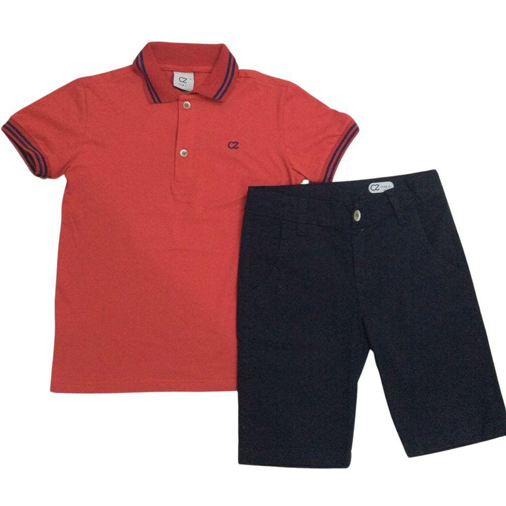 Conjunto Festa Zemar Masc Polo e Bermuda Vermelho e Marinho