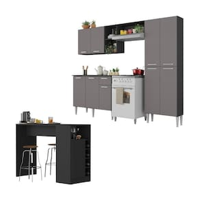 Armário De Cozinha Com Mesa Gourmet Pequim Multimóveis Mp2205 Preto/lacca Fumê Preto/lacca Fumê