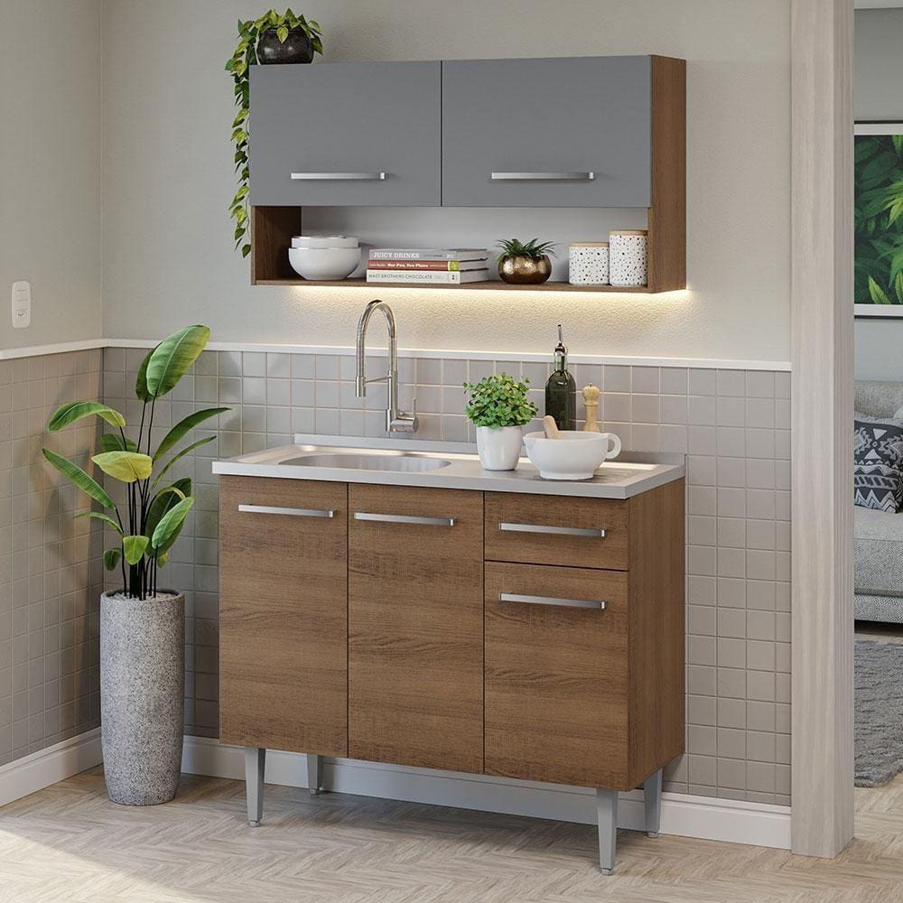 Armário De Cozinha Compacta 105cm Com Pia Rustic-cinza Emilly Madesa 04 Rustic-cinza