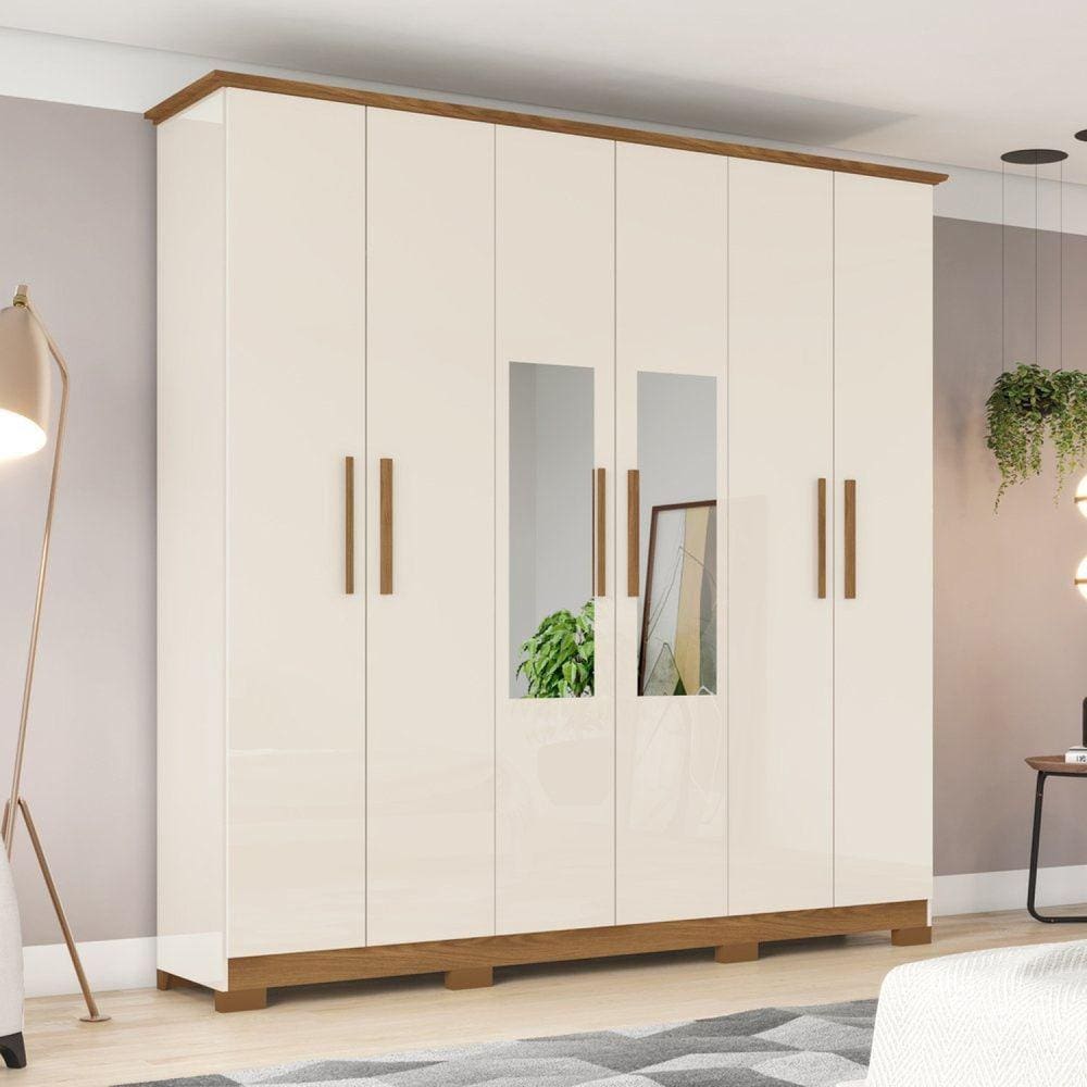 Guarda-roupa Casal 6 Portas 3 Gavetas com Espelho Cover Marrom/Off White
