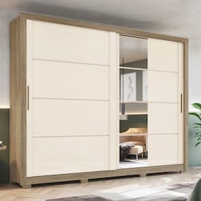 Guarda-roupa Casal 2 Portas Deslizantes 4 Gavetas com Espelho Palace Rústico/Off White