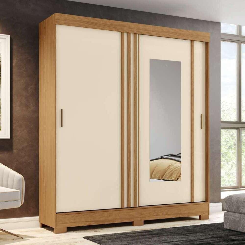 Guarda-roupa Solteiro 2 Portas de Correr 2 Gavetas com Espelho B353 Marrom /Off White/Cinza