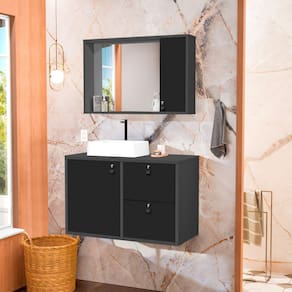 Conjunto Gabinete para Banheiro com Cuba de Sobrepor e Espelheira Toro 80 Cm Grafite / Preto Fosco