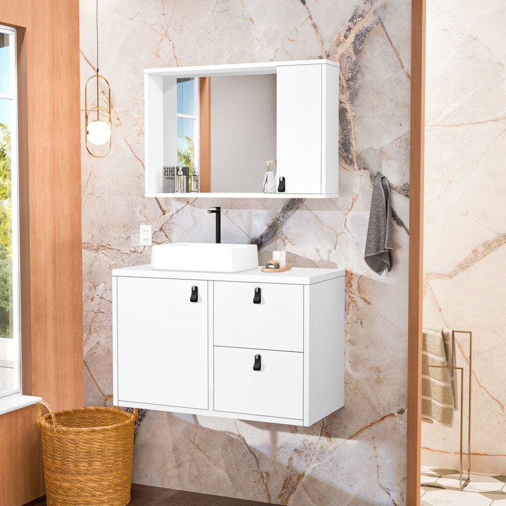 Conjunto Gabinete para Banheiro com Cuba de Sobrepor e Espelheira Toro 80 Cm Branco