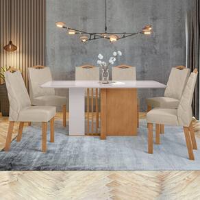 Conjunto Mesa 170cm Astrid com Vidro e 6 Cadeiras Venus Amêndoa Clean/Off White/Creme
