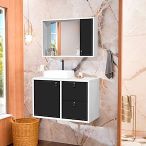 Conjunto Gabinete para Banheiro com Cuba Sobrepor e Espelheira Toro 80 Cm Branco / Preto