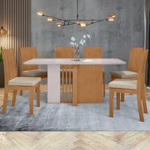 Conjunto Mesa 160cm Astrid com Vidro e 6 Cadeiras Athenas Amêndoa Clean/Off White/ Creme