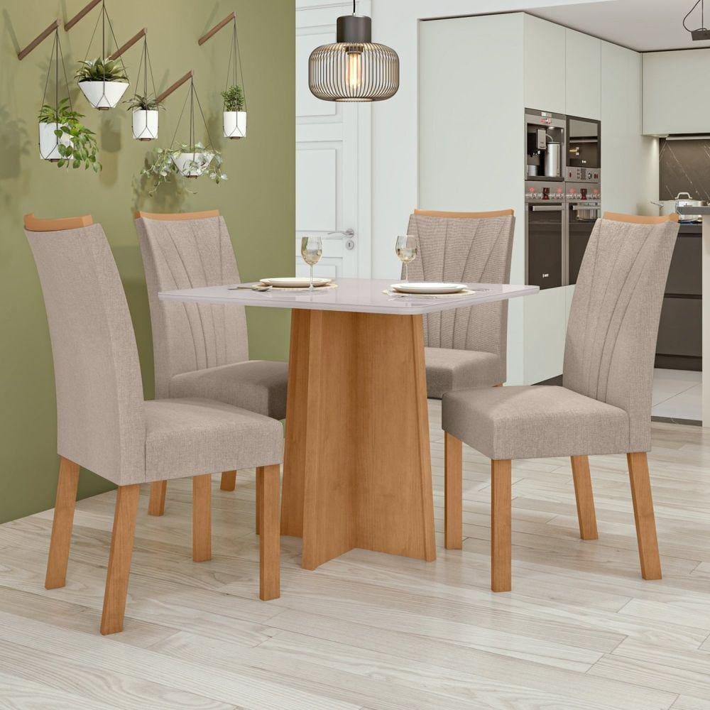 Conjunto Mesa 90cm Celebrare com Vidro e 4 Cadeiras Apogeu Amêndoa Clean/Off White/Bege