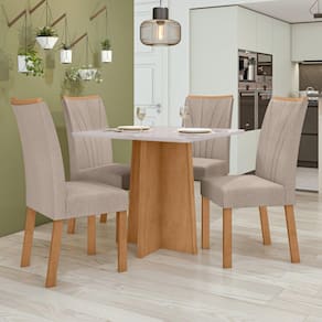 Conjunto Mesa 90cm Celebrare com Vidro e 4 Cadeiras Apogeu Amêndoa Clean/Off White/Bege