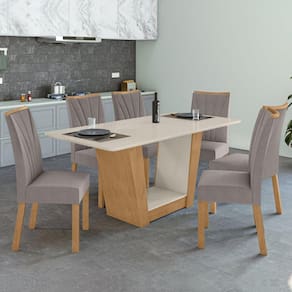 Conjunto Mesa 170cm Apogeu com Vidro e 6 Cadeiras Apogeu Amêndoa Clean/Off White/ Capuccino