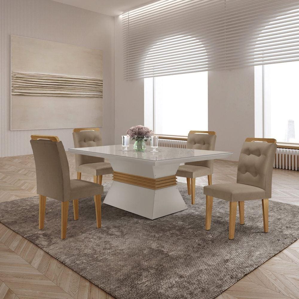 Mesa Clarice 120 Tp Mdf Vidro/canto Reto 4 Cad Valentina Capuccino/Off White/Imbuia/Serig. Off