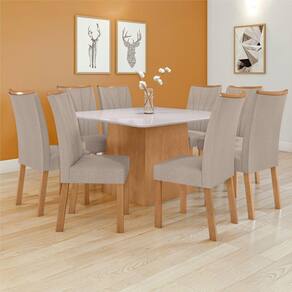 Conjunto Mesa 130cm Nevada com Vidro Plus com 8 Cadeiras Apogeu Amêndoa Clean/Off White/ Bege