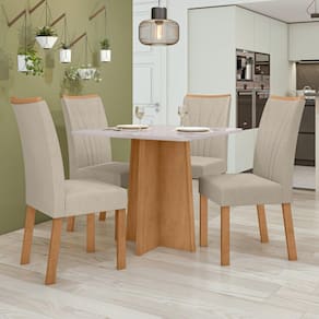 Conjunto Mesa 90cm Celebrare com Vidro e 4 Cadeiras Apogeu Amêndoa Clean/Off White/Creme