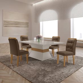 Mesa Clarice 120 Tampo Mdf Vidro/canto Reto 4 Cadeiras Valentina Marrom/Off White/Off White/Imbuia/Serig. Off