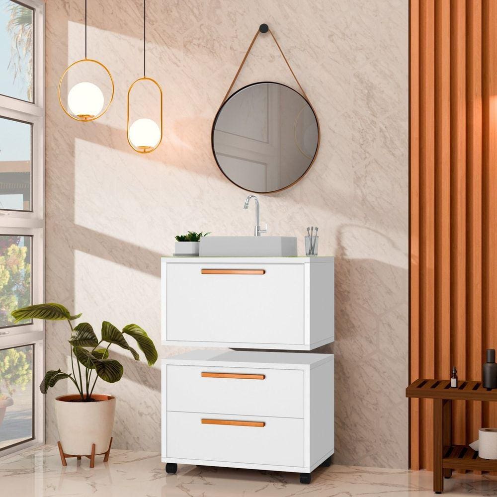 Conjunto Gabinete para Banheiro com Rodízio, Cuba e Espelho Kyoto 60 com Tampo de Vidro Branco