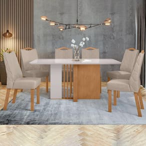 Conjunto Mesa 170cm Astrid com Vidro e 6 Cadeiras Venus Amêndoa Clean/Off White/Bege